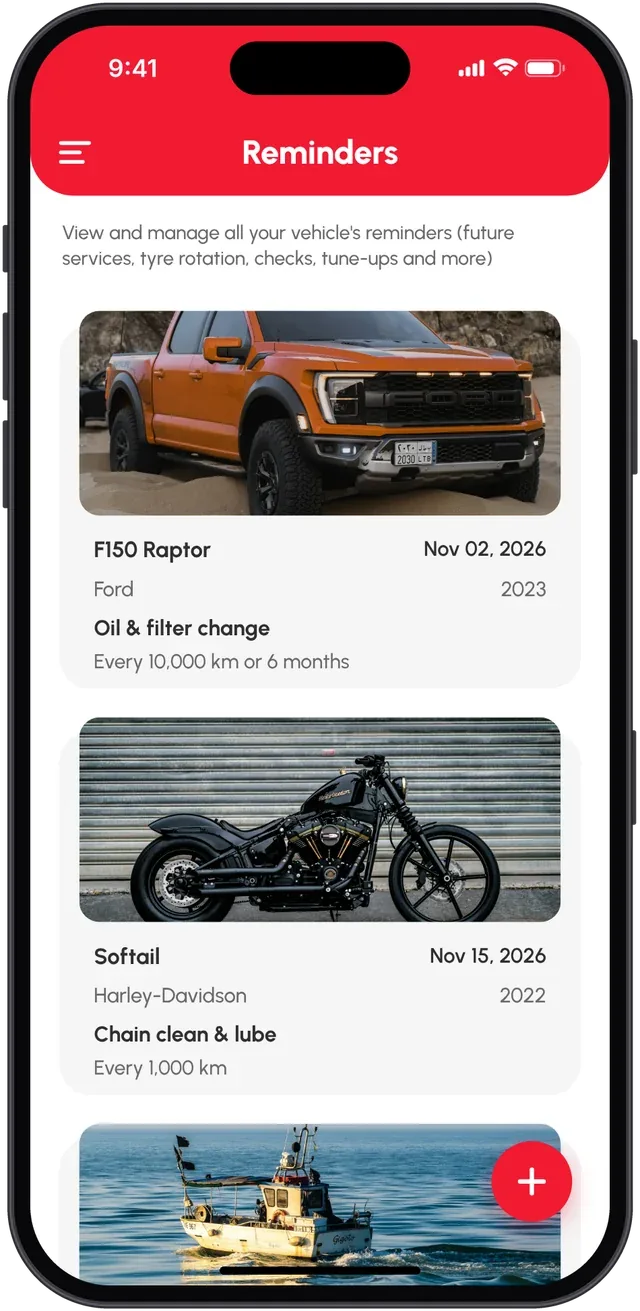 Reminders: oil and filter change for a Ford F150 Raptor every 10,000 km or 6 months, chain clean and lube for a Harley every 1,000 km