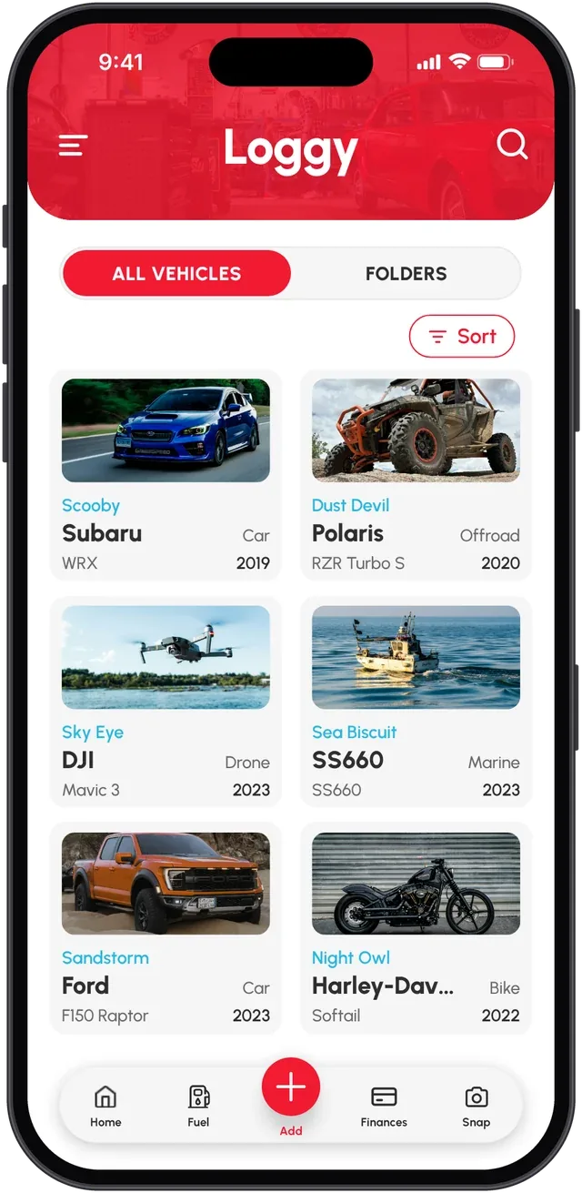 Loggy in light theme: All Vehicles with a Subaru WRX, Polaris RZR, DJI drone, SS660 boat, Ford F150 Raptor and Harley-Davidson Softail