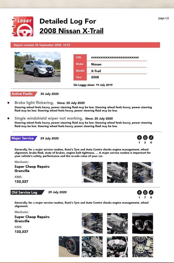 Sample exported PDF: Detailed Log for a 2008 Nissan X-Trail with faults and service entries