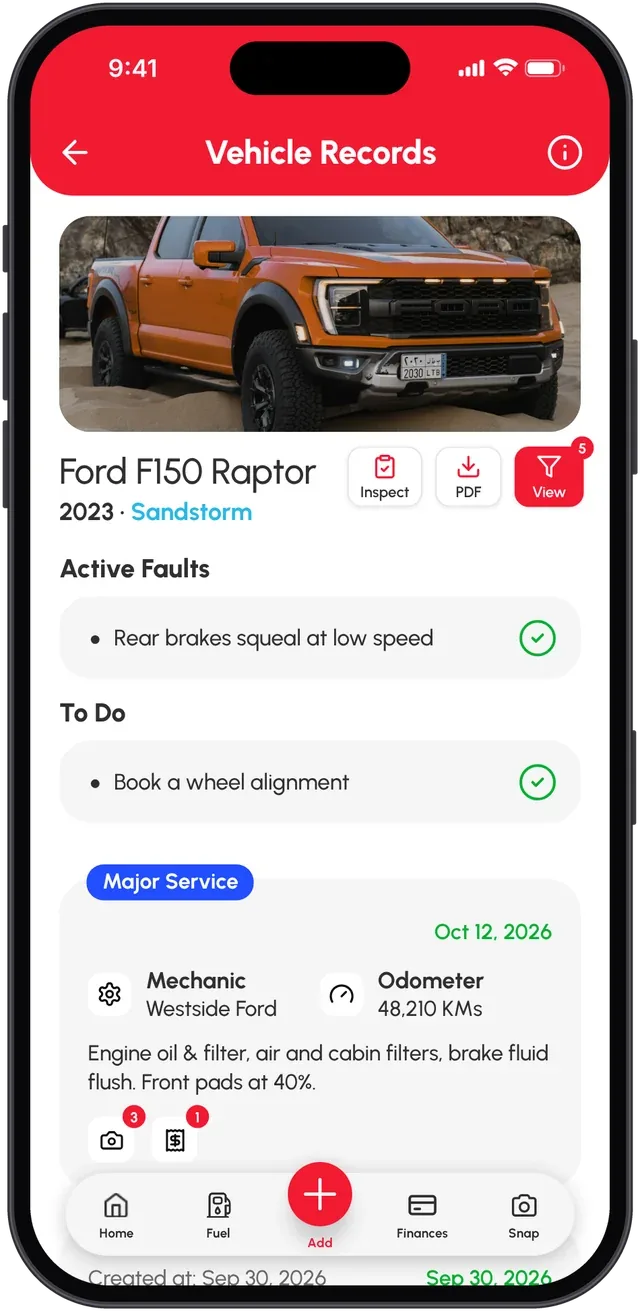 Vehicle Records for a 2023 Ford F150 Raptor: photo, Inspect, PDF and View buttons, an active fault, a to-do and a Major Service log with mechanic and odometer