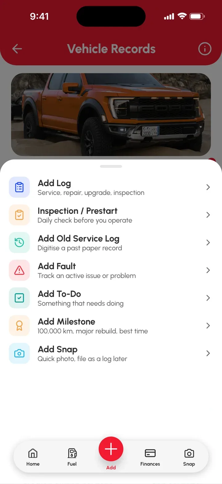 Loggy app screenshot: Adding an Old Service Log with logbook photos (1 of 2)