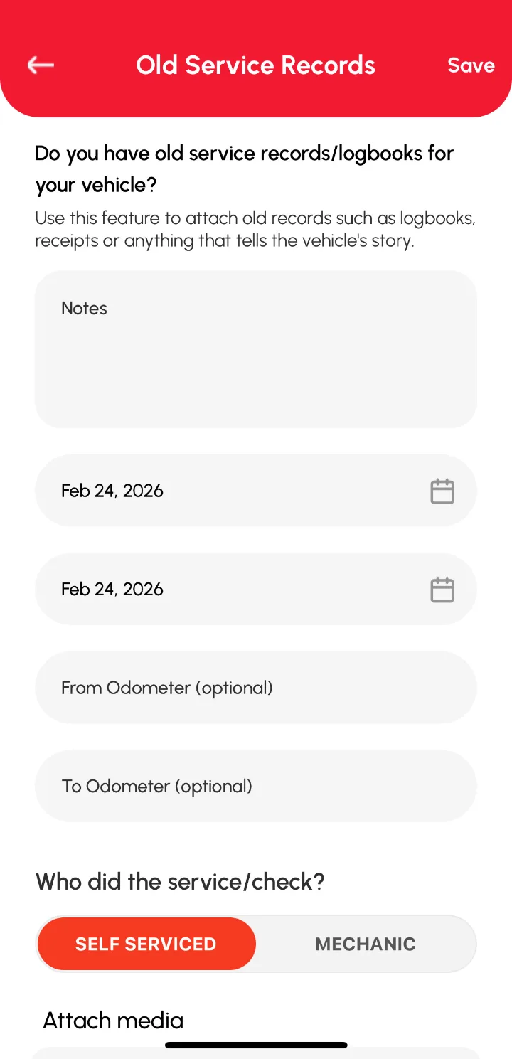 Loggy app screenshot: Adding an Old Service Log with logbook photos (2 of 2)