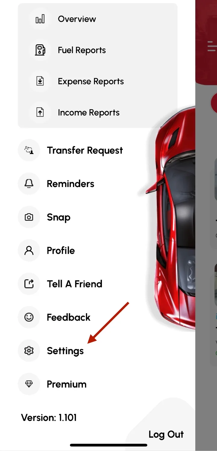 Loggy app screenshot: Changing your password from Settings (1 of 3)