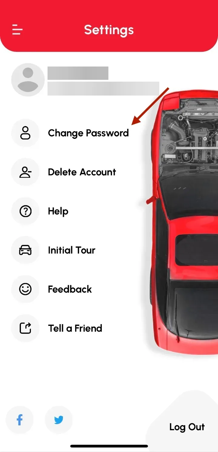 Loggy app screenshot: Changing your password from Settings (2 of 3)