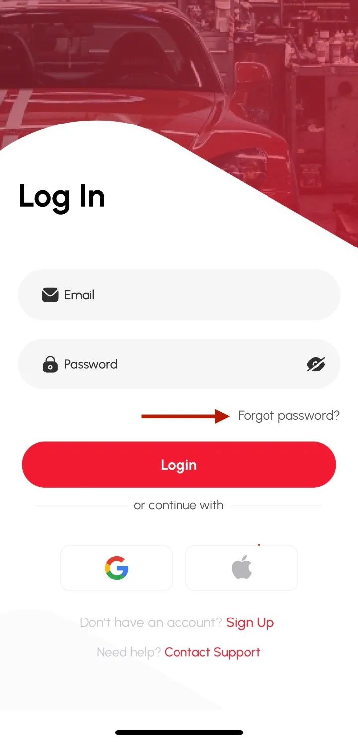 Loggy app screenshot: Resetting a forgotten password from the Log In page (1 of 3)