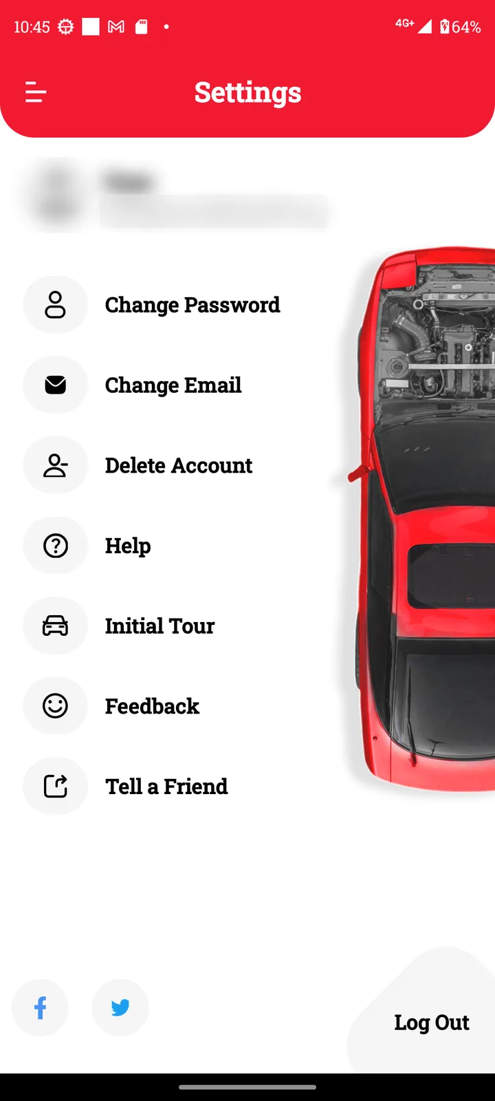 Loggy app screenshot: Settings screen with Change Password, Change Email, Delete Account and Help (1 of 2)