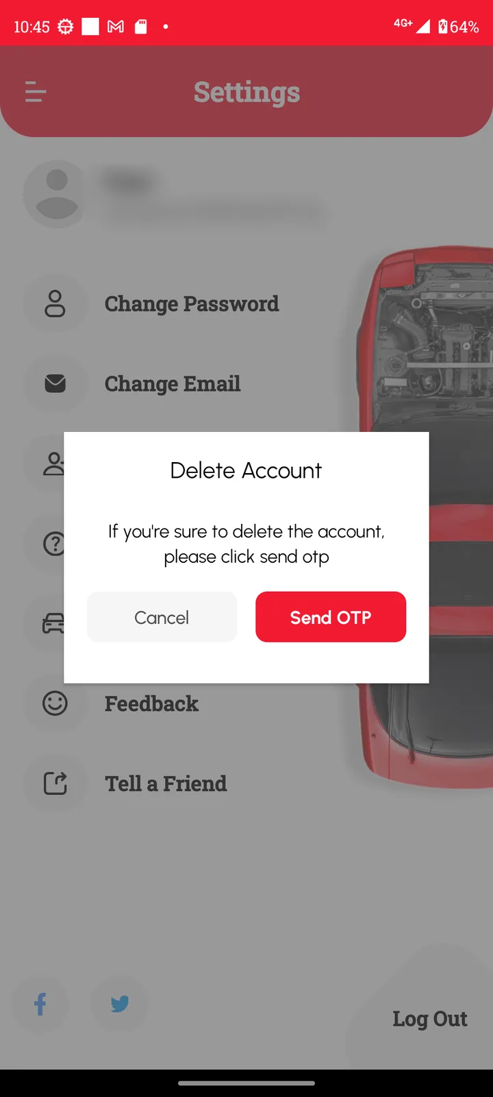 Loggy app screenshot: Delete Account prompt asking you to tap Send OTP (2 of 2)