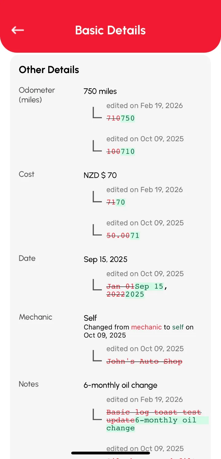 Loggy app screenshot: A log card showing its edit history