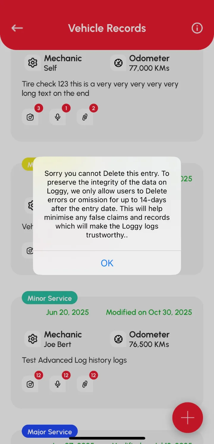 Loggy app screenshot: Deleting a log