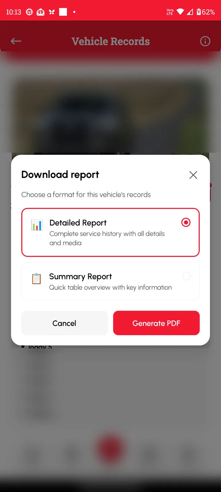Loggy app: choosing a Detailed or Summary PDF report