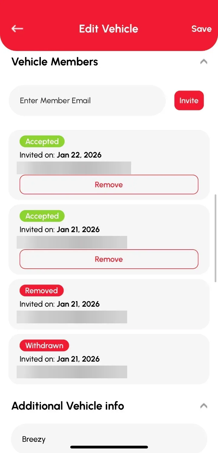 Loggy app screenshot: Inviting members to a vehicle and accepting a shared vehicle (1 of 2)
