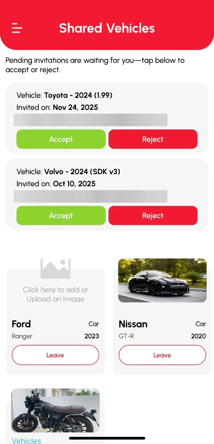 Loggy app screenshot: Inviting members to a vehicle and accepting a shared vehicle (2 of 2)