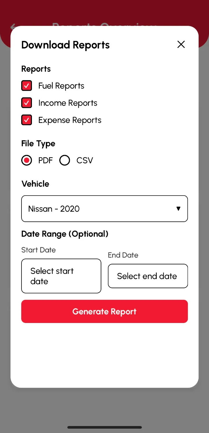 Loggy app screenshot: Download Reports options