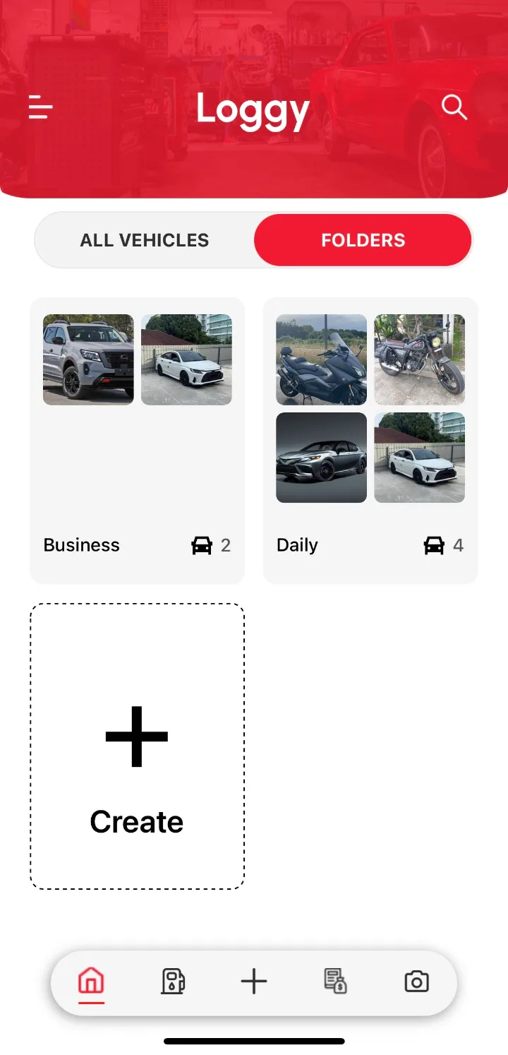 Loggy app screenshot: Vehicle folders on the Home page