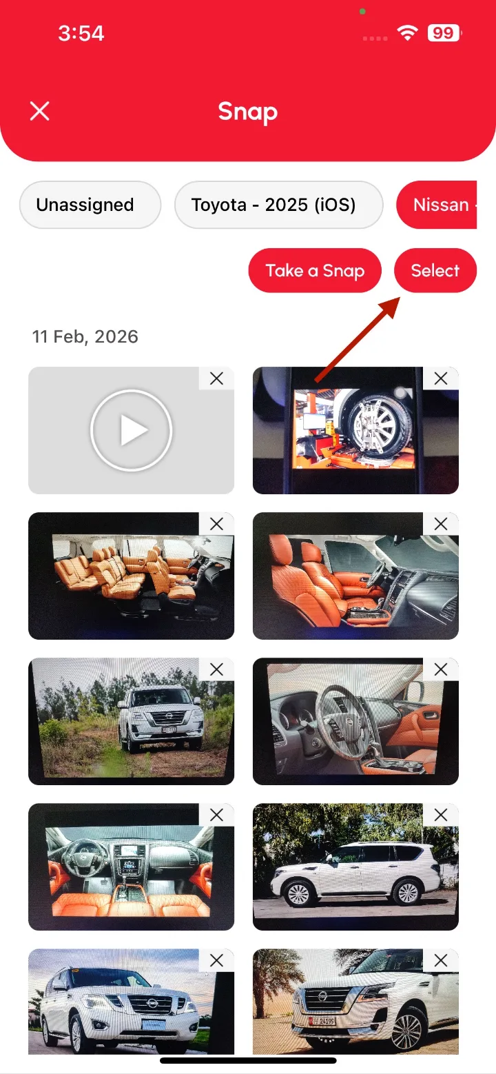 Loggy app screenshot: Assigning snaps to a vehicle or log (1 of 3)