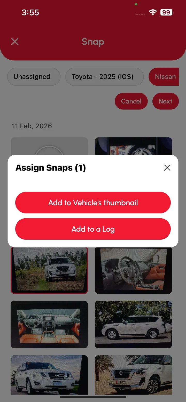 Loggy app screenshot: Assigning snaps to a vehicle or log (2 of 3)
