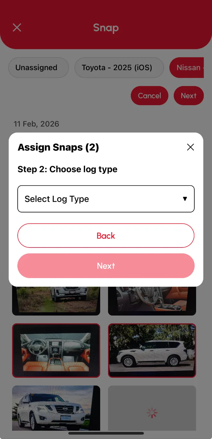 Loggy app screenshot: Assigning snaps to a vehicle or log (3 of 3)
