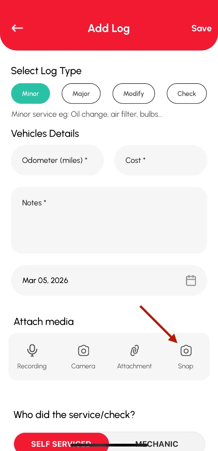 Loggy app screenshot: Attaching a snap from the log form