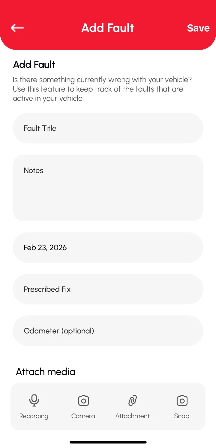 Loggy app screenshot: Adding a fault to a vehicle (2 of 2)