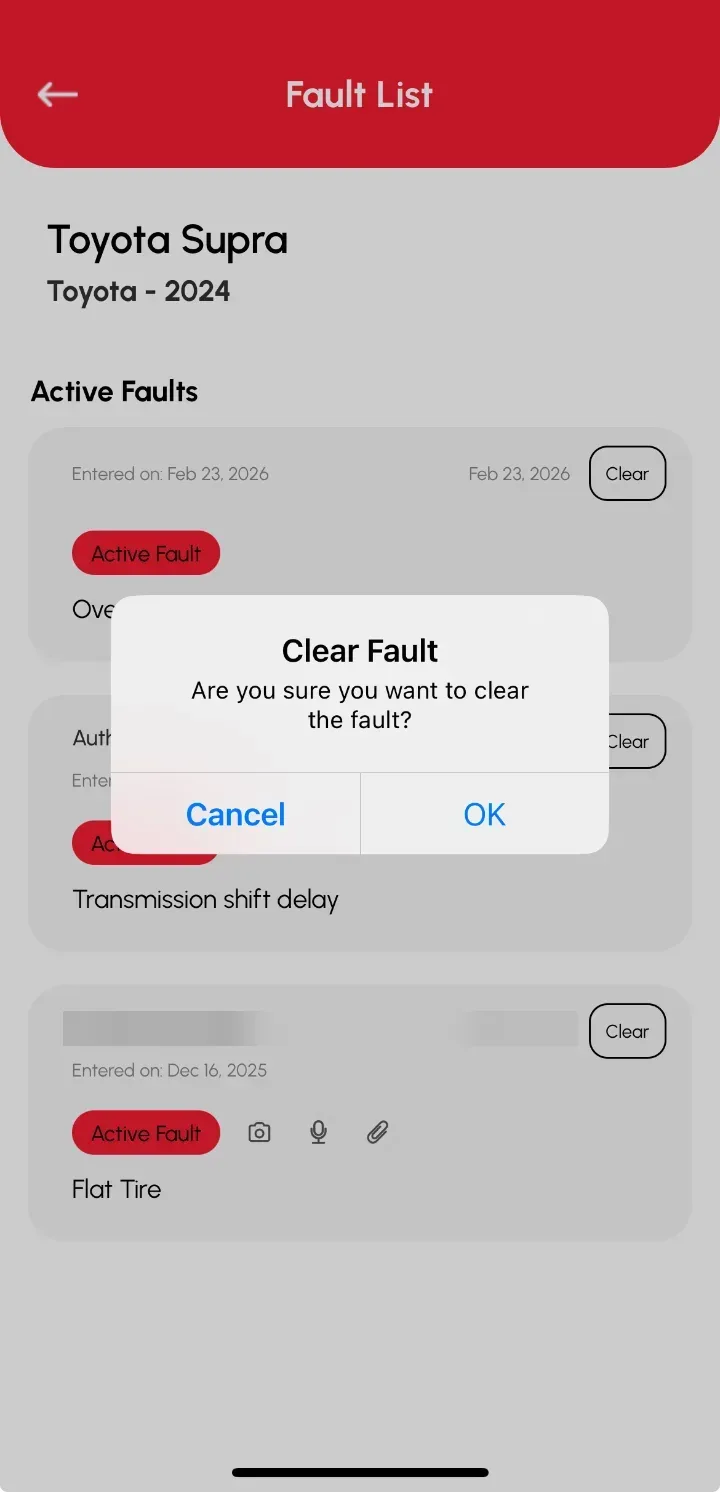 Loggy app screenshot: Clearing a fixed fault (1 of 2)