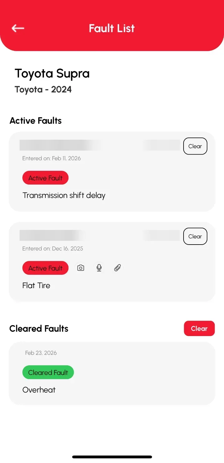 Loggy app screenshot: Clearing a fixed fault (2 of 2)