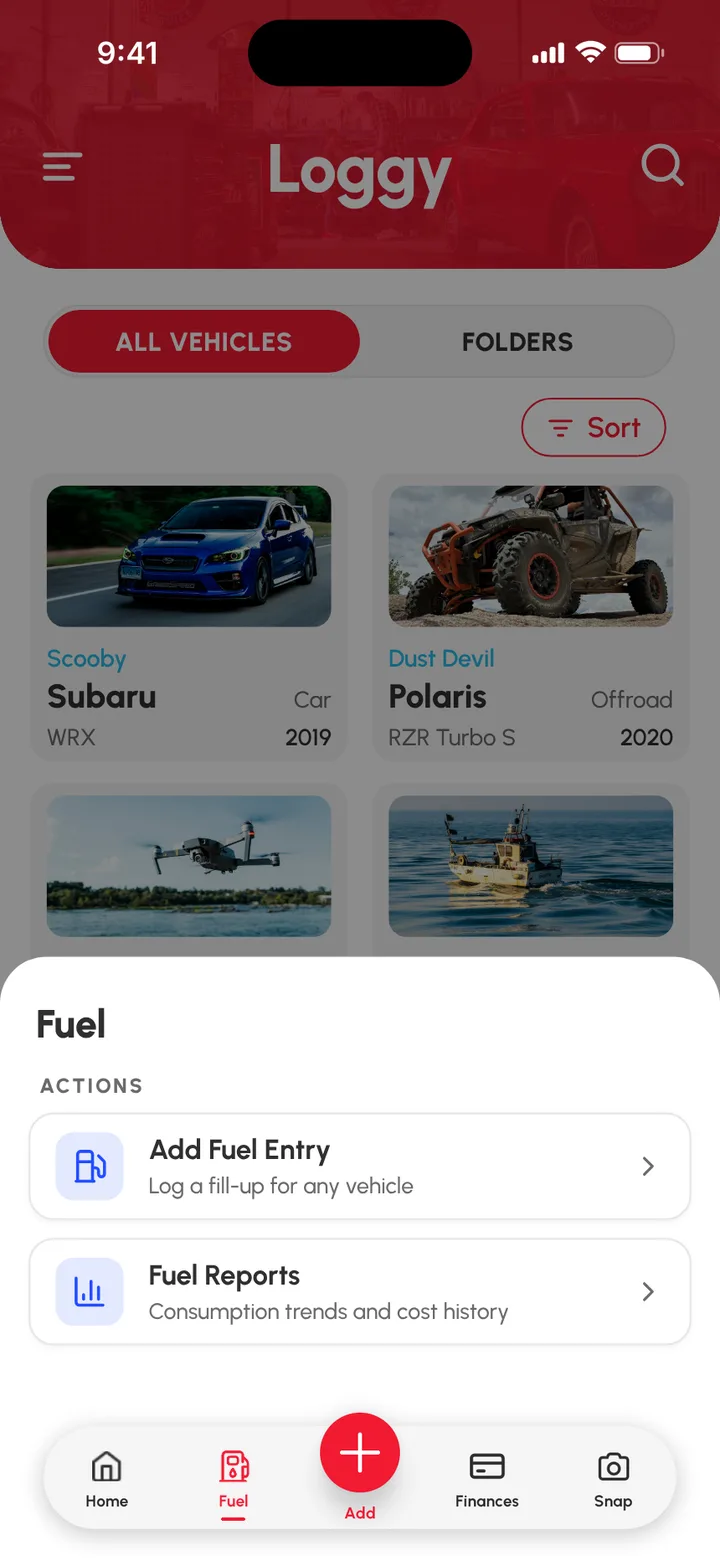 Loggy app screenshot: Adding a fuel log (1 of 2)