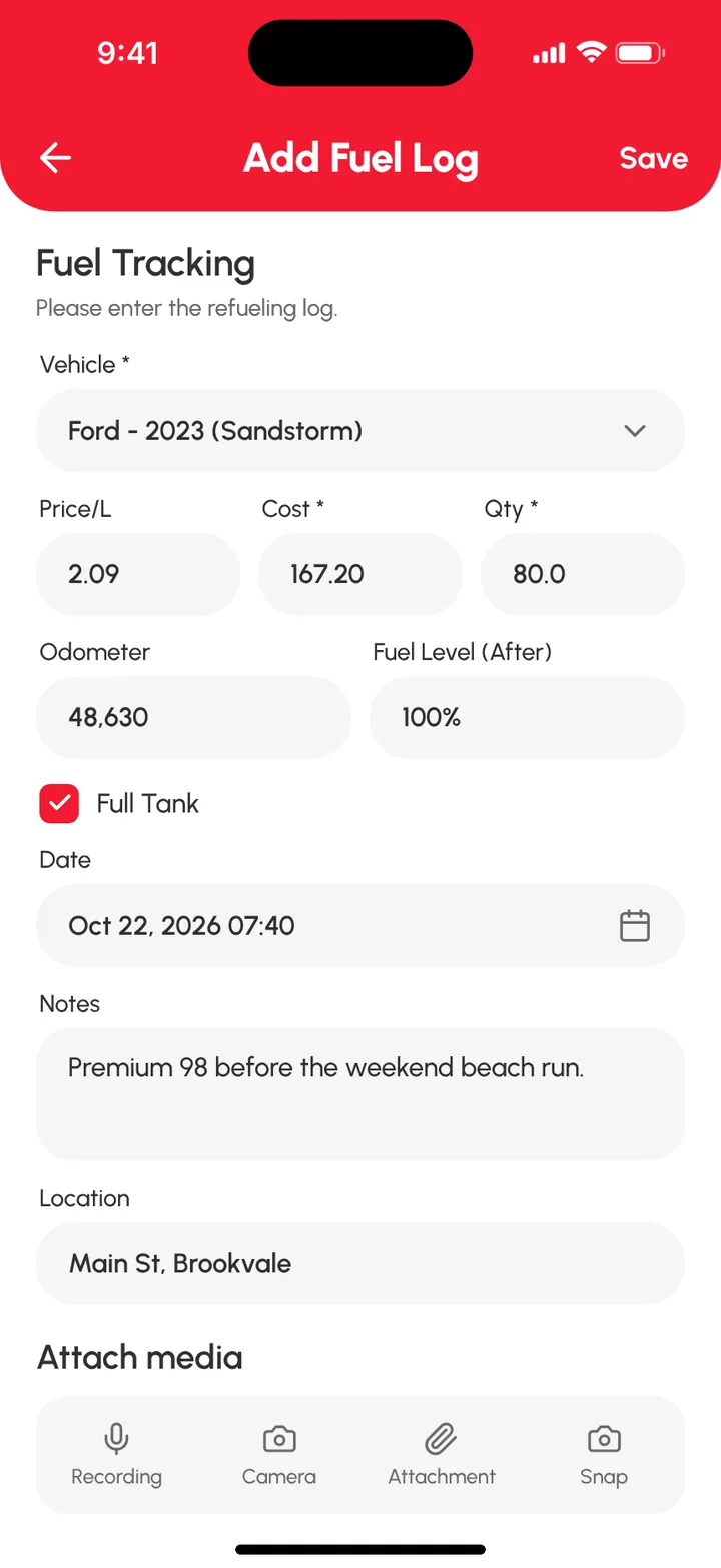Loggy app screenshot: Adding a fuel log (2 of 2)