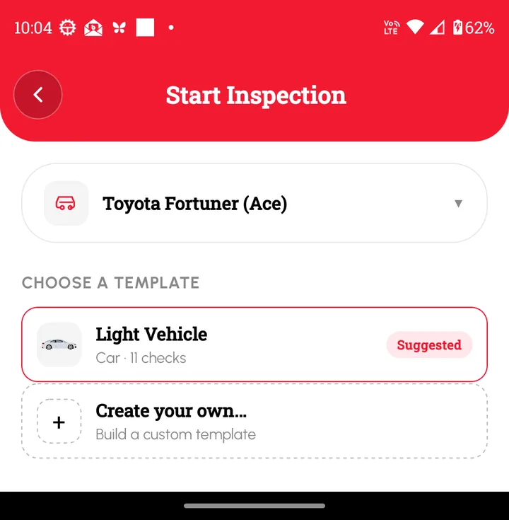 Loggy app screenshot: Choosing an inspection template