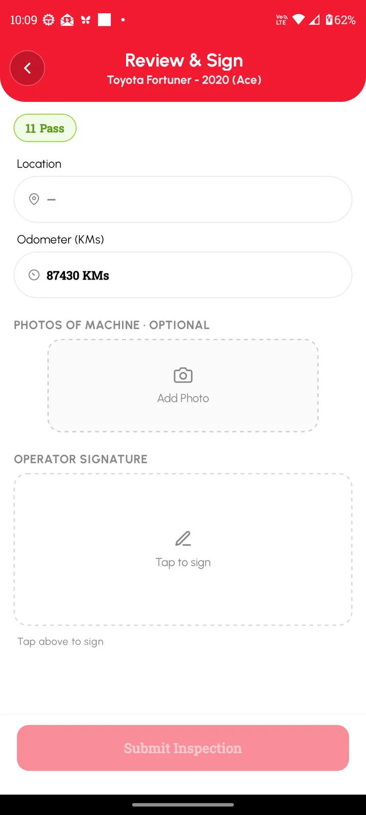 Loggy app screenshot: Signing and submitting an inspection (1 of 2)