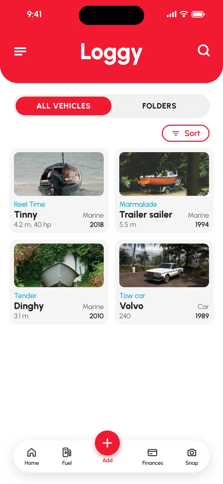 Loggy app: a garage with a tinny, a trailer sailer, a dinghy and the tow car