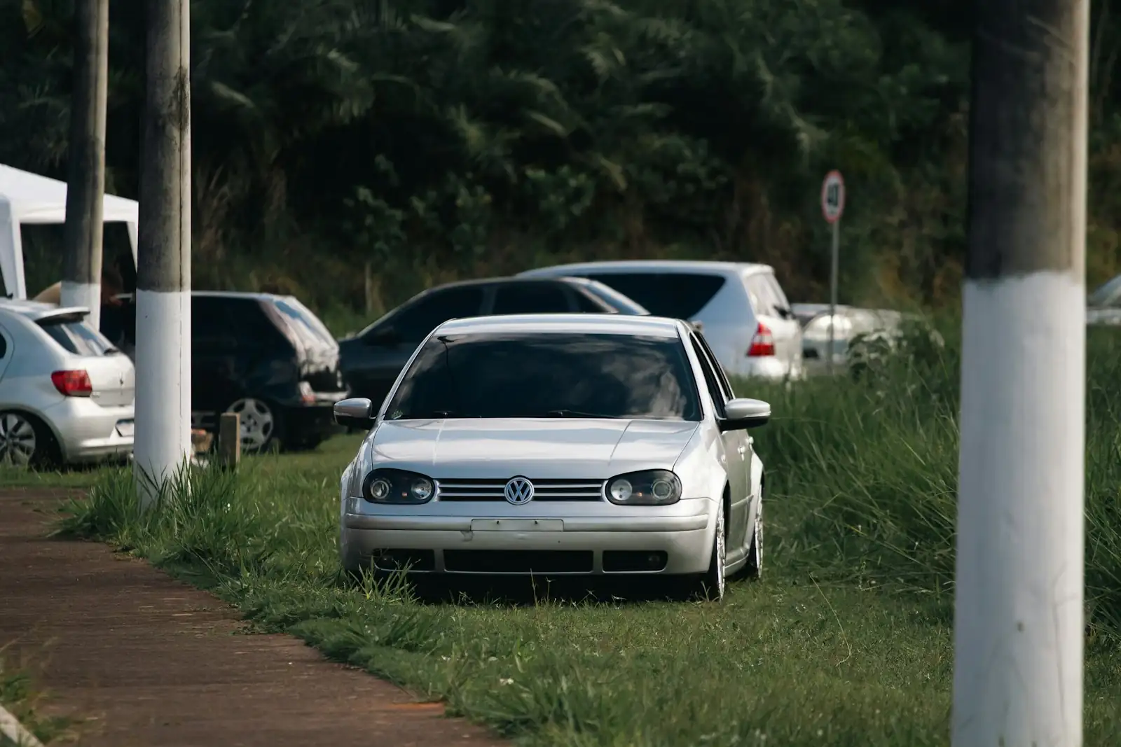 A silver Volkswagen Golf parked on the grass beside the road