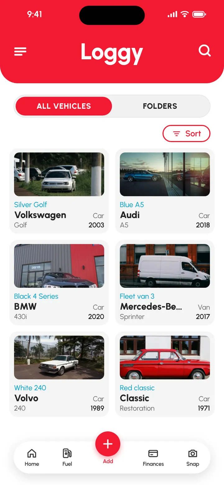 Loggy app: a list of different makes and models being looked after, each with a nickname