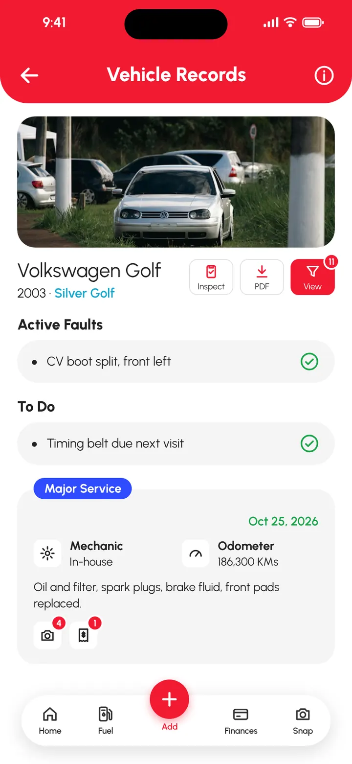 Loggy app: a Volkswagen Golf with a CV boot fault, a timing belt to-do and a major service log