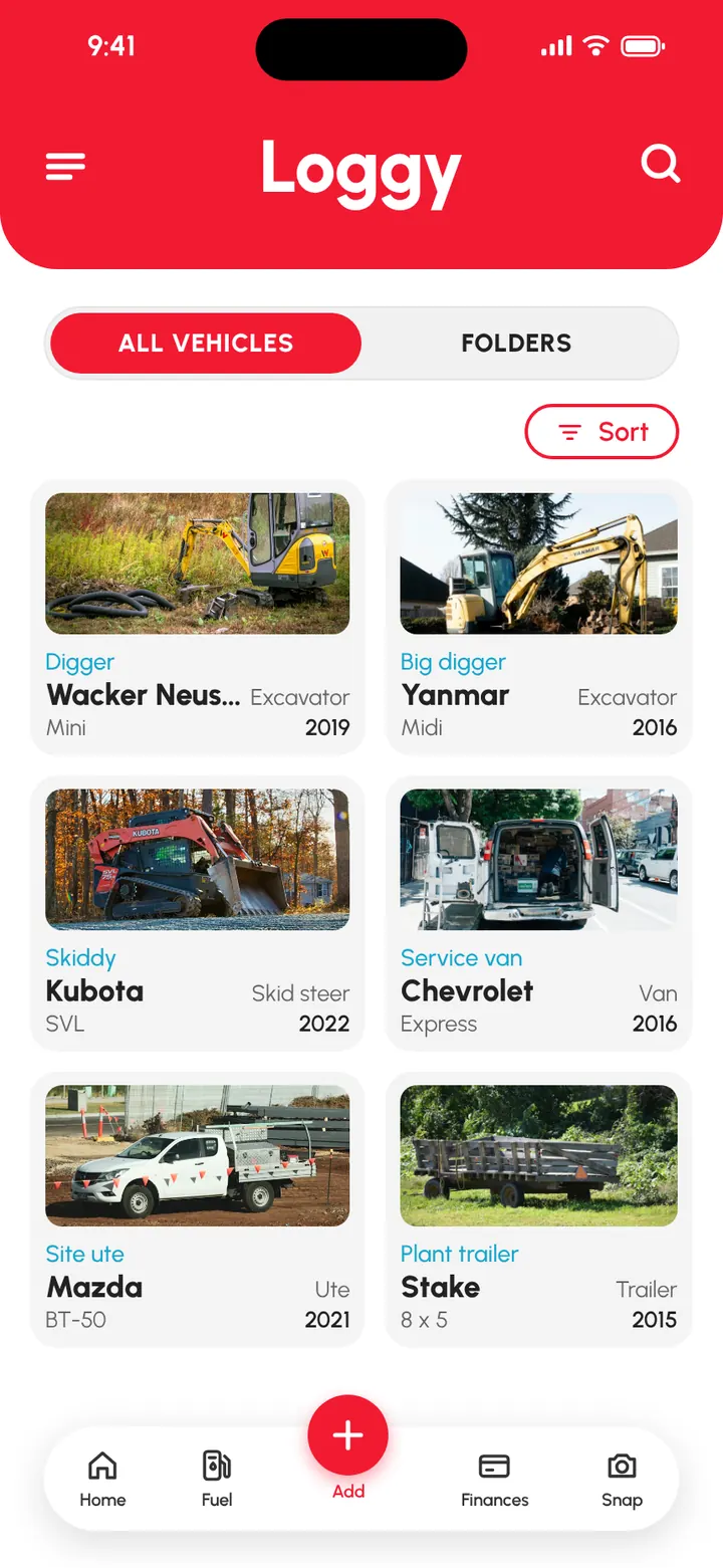 Loggy app: a plant garage with two excavators, a skid steer, a service van, a site ute and a plant trailer